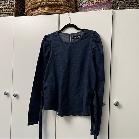 DO+BE Tops - Dark Wash Denim Puff-Sleeve Long Belted Contrast Stitching Shirt Top Blouse Sz M